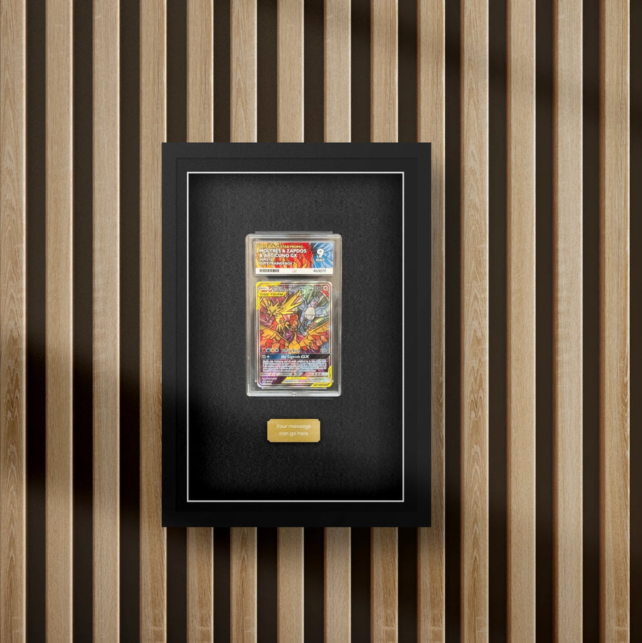 Pokemon ace graded trading card display frame on a slat wall