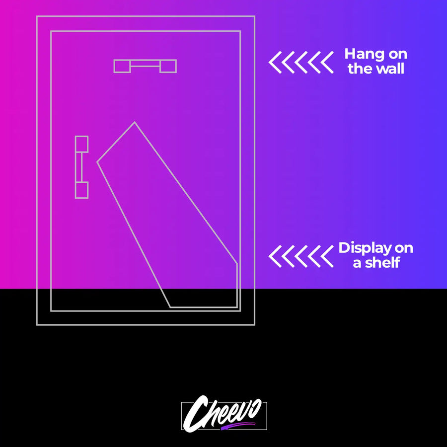 Back of a cheevo frame showing wall fixing method and frame foot for displaying it on a shelf or desk.