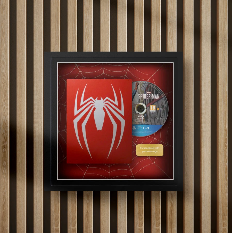 spiderman steelbook display frame with full colour background on a slat wall