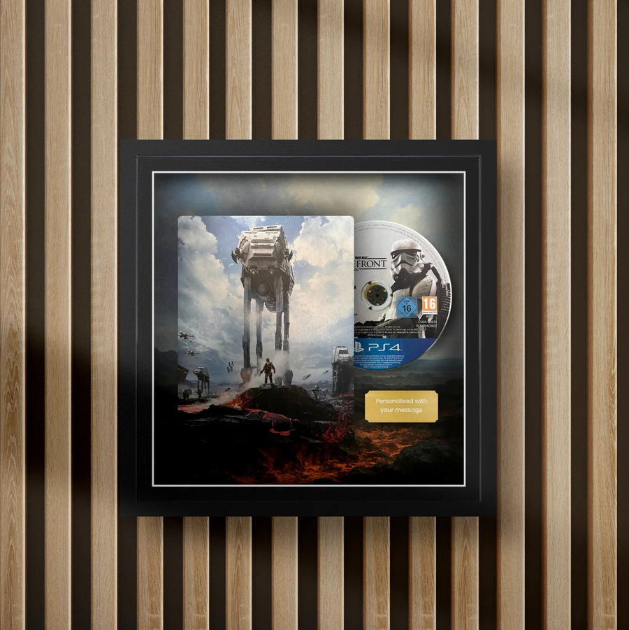 star wars battlefront steelbook display frame with full colour background on a slat wall