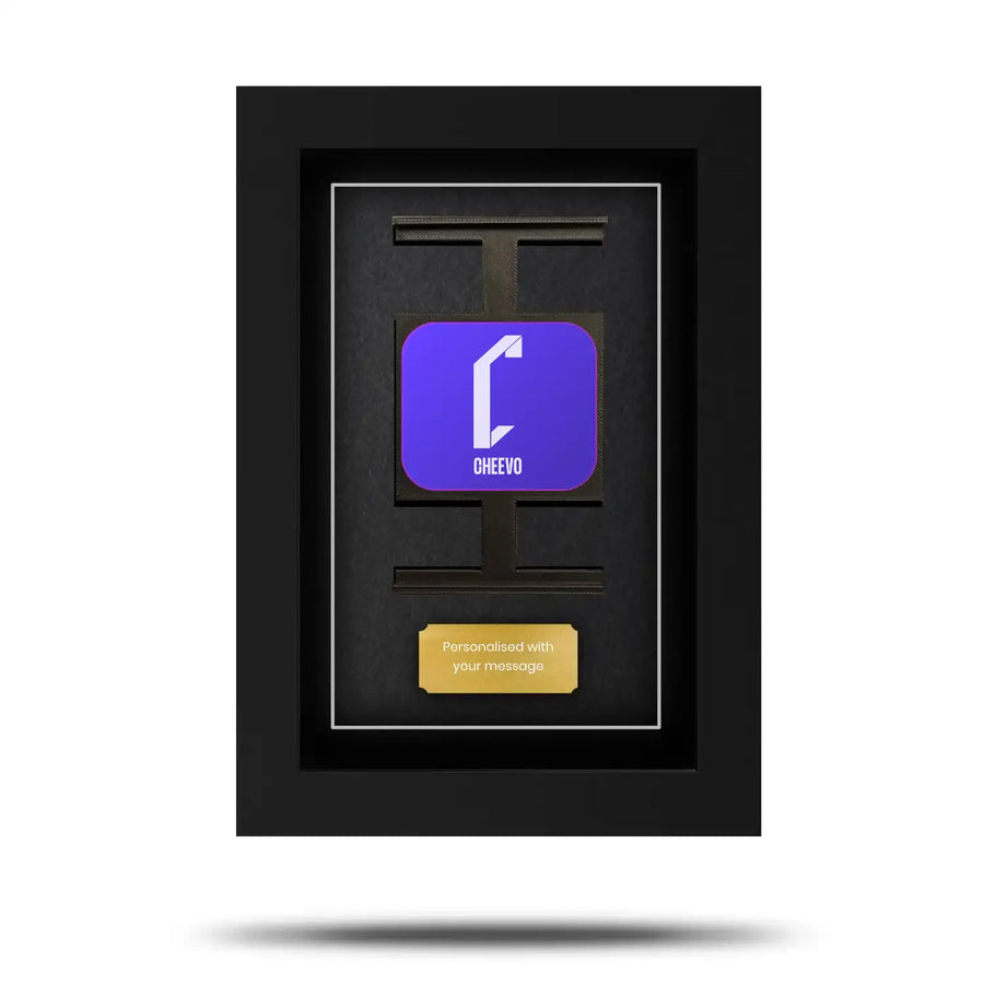 Cheevo trading card display frame suitable for all base set and future pokemon cardboard cards. Bracket holds a magcase with a gold plaque that has a message.