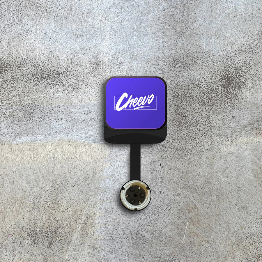 Display your video game or movie on a wall magnetically with 'Cheevo' logo on a textured gray background