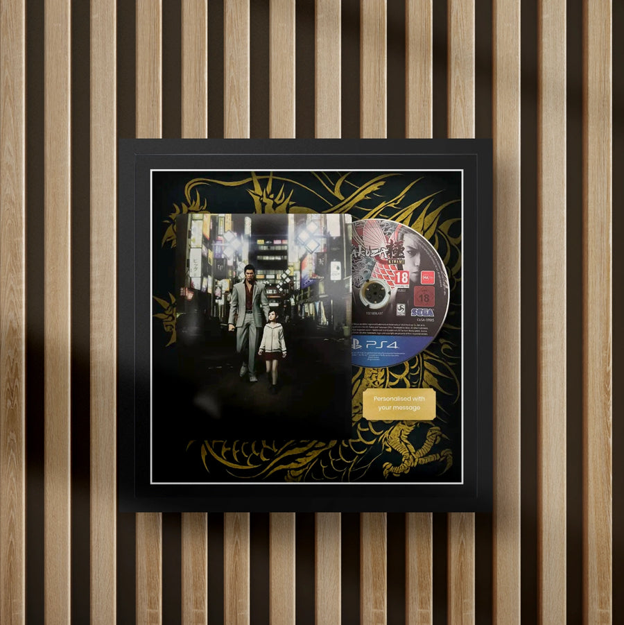 yakuza steelbook display frame with full colour background on a slat wall