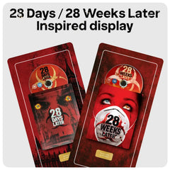 Two 28 Days / 28 Weeks Later steelbook inspired display plates showing movie packaging artwork on a light gray background with headline text at the top.