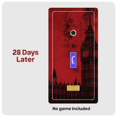 A product mockup showing a red rectangular item with a London clocktower graphic and a small blue phone icon, on a light gray background with text reading '28 Days Later' and 'No game included'.