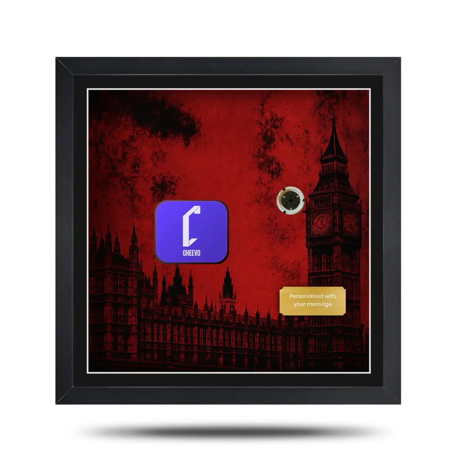 28 days later movie inspired picture frame display with cheevo branding and a gold nameplate