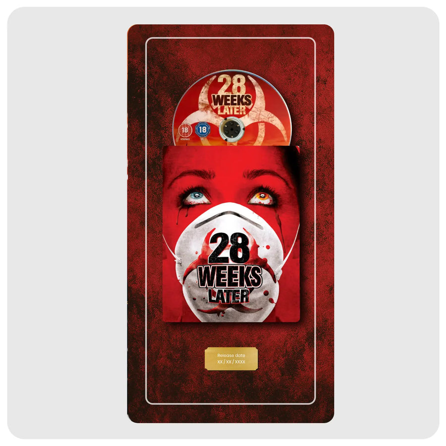 The DVD steelbook cover for the movie '28 Weeks Later' is shown centered on a light gray background. The cover features a dark red textured design with a stylized face wearing a white blood-spattered mask, a circular biohazard symbol, and the title '28 WEEKS LATER' in large text.