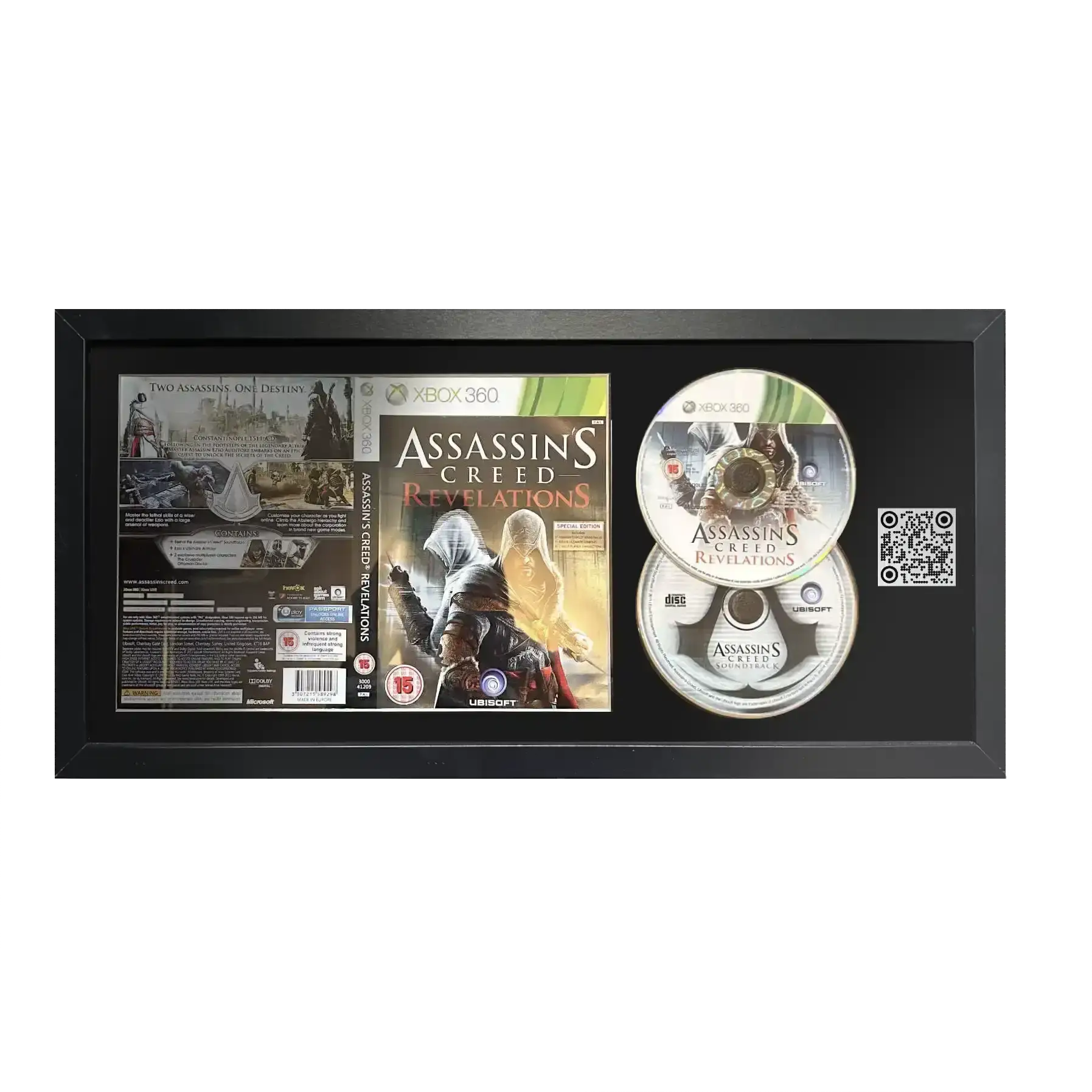 Assassin's creed revelations game for Xbox 360 in a frame with qr code