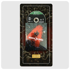 Back Blood for Xbox Series X | Xbox One Steelbook Edition game box set, featuring the game disc, steelbook case, and a gold commemorative plaque on a dark textured background.