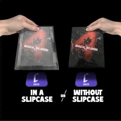 Two hands holding 'Back 4 Blood' game cases with 'Cheevo' branding, one in a slipcase and one without.