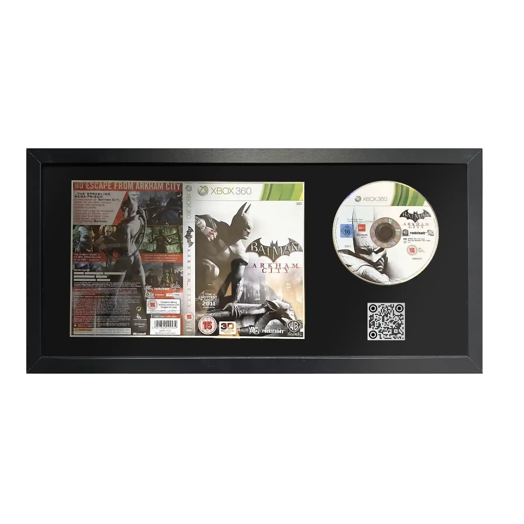 Batman Arkham City for Xbox 360 framed in a picture frame with QR code