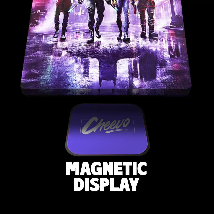 Bathman Gotham Knights steelbook video game case being displayed using a magnetic bracket