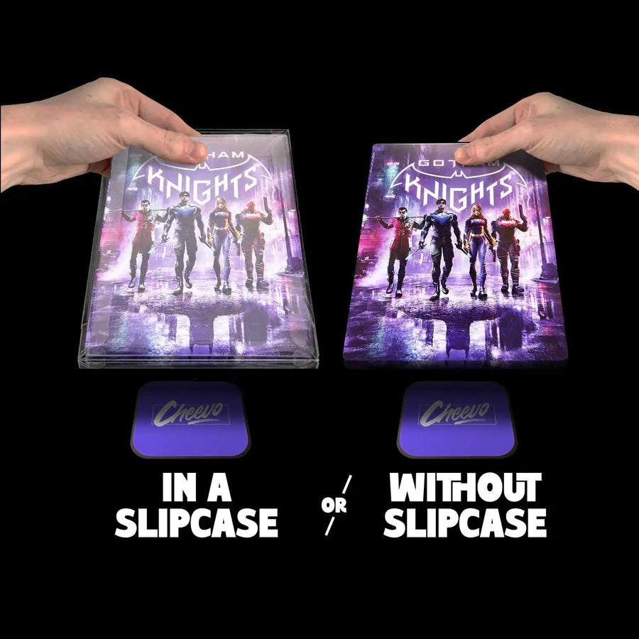 Batman Gotham Knights video game inside of a plastic protective case and then outside of one. Someone is placing them onto a magnetic bracket ready for display.