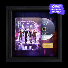 Batman Gotham Knights Playstation 5 (PS5) steelbook on display inside of a picture frame. The game case and disc sit next to each other alongside a gold metal plaque.