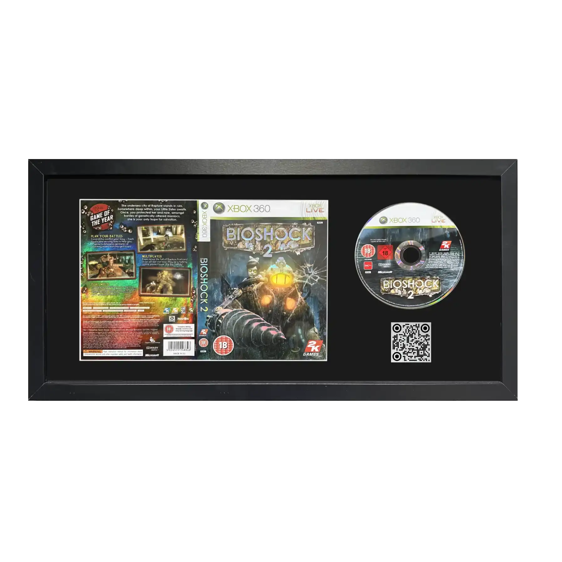 Bioshock 2 for Xbox 360 case and disc framed with a QR code
