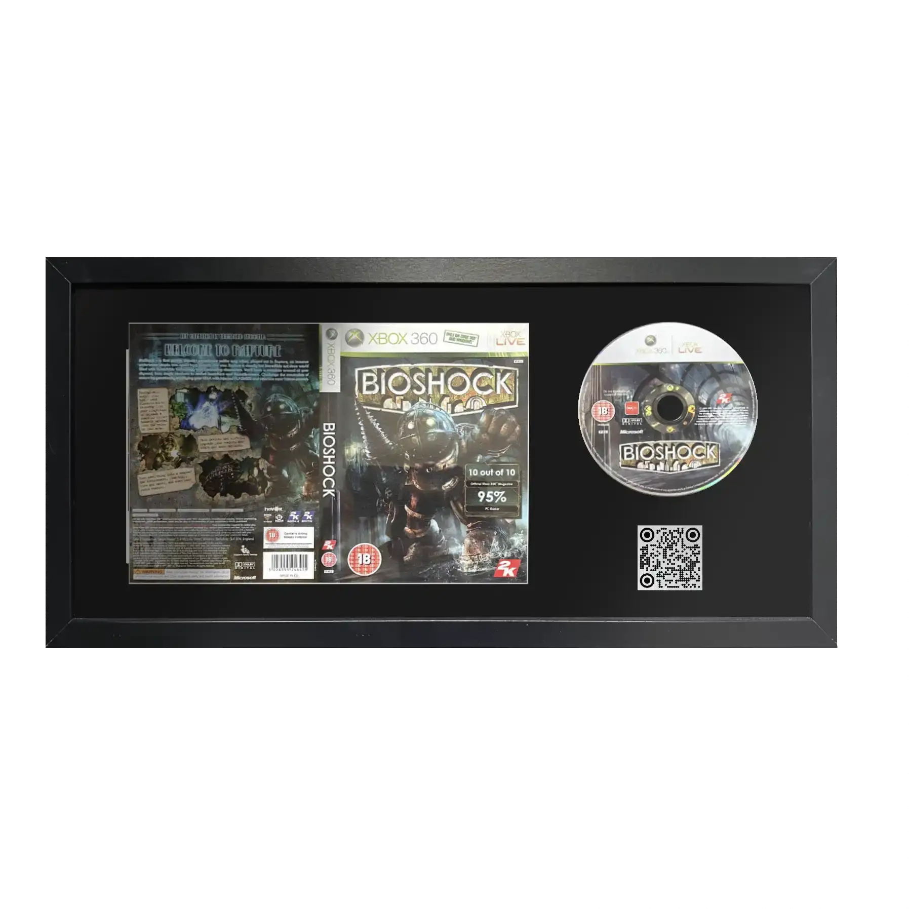 Bioshock game for Xbox 360 in a frame displayed with a QR code