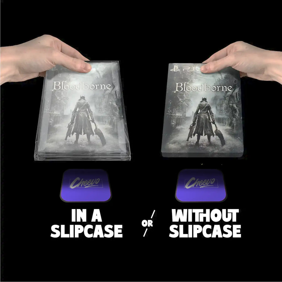 Two hands holding 'Bloodborne' game cases with 'Cheevo' branding, one in a slipcase and one without, on a black background.