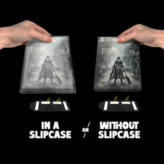 Two hands holding 'Bloodborne' video game steelbook cases with slipcase and without slipcase options.