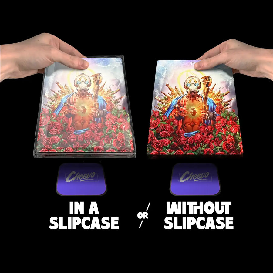 Borderlands 3 steelbook being added to a frame to be displayed on the wall. The frame also includes the game disc next to the case.