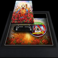 Borderlands 3 for Xbox One being added to a square frame. The steelbook case and playable disc are displayed side-by-side