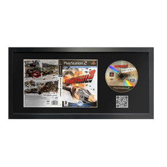 Burnout 3: Takedown on Playstation 2 mounted in a frame with a QR code