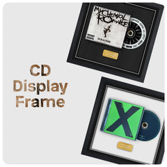 Two black CD display frames shown on a light gray background, one with a My Chemical Romance CD and one with a green jewel case and CD. Large text on the left reads 'CD Display Frame'.