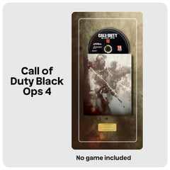 Call of Duty: Black Ops 4 game display plaque on a light gray background, with text reading 'Call of Duty Black Ops 4' and 'No game included' below the plaque.