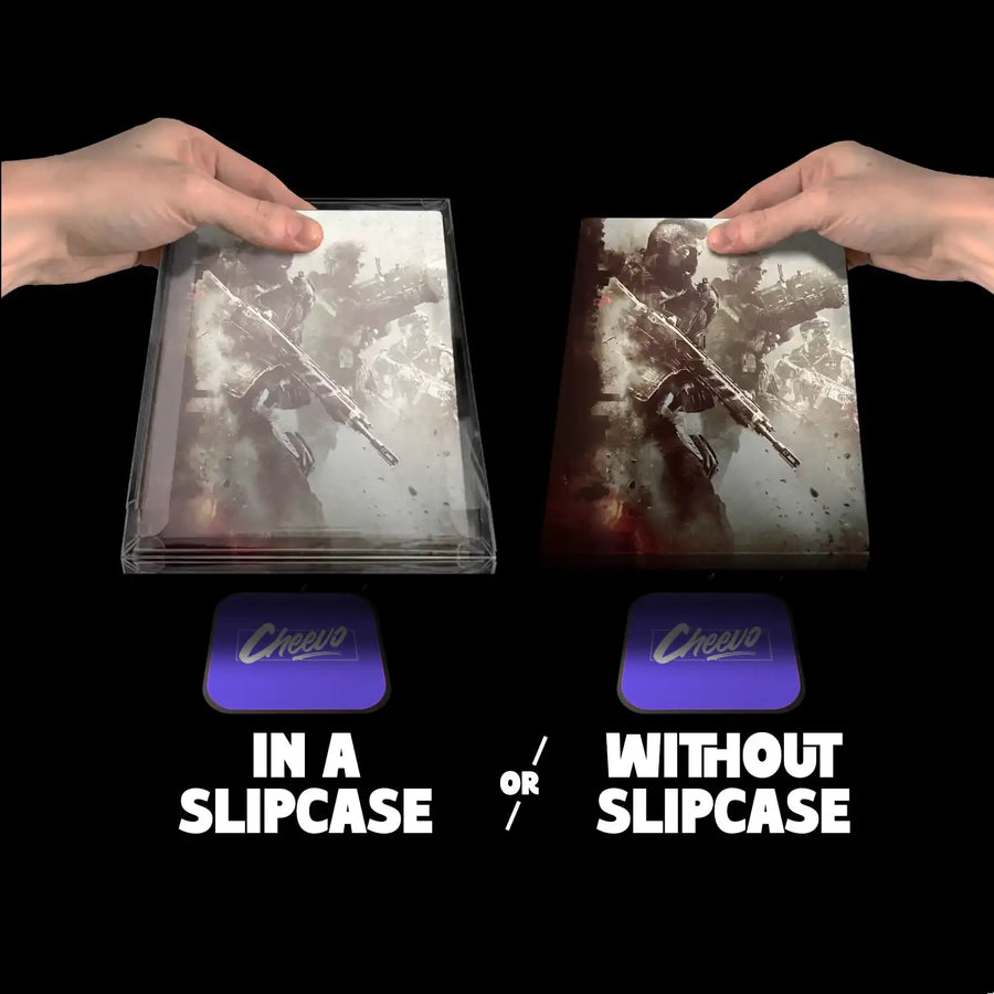 Two hands holding gaming cases with different cover designs, labeled 'in a slipcase' and 'without slipcase'.