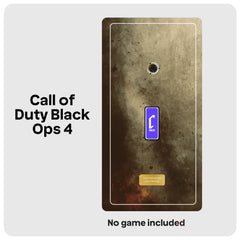 A product mockup for a Call of Duty: Black Ops 4 themed wall decal or art print, showing a distressed dark brown and black textured panel with a purple Cheevo icon and a gold plate. The text 'Call of Duty Black Ops 4' is displayed on the left, and 'No game included' is written at the bottom, all on a light gray background.
