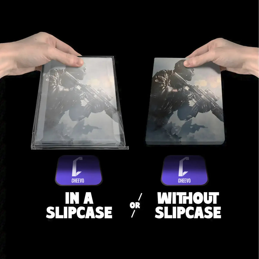 Two hands holding a product with and without a slipcase, featuring the Cheevo logo.