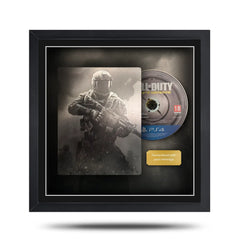 Framed 'Call of Duty' game disc with character image on a white background