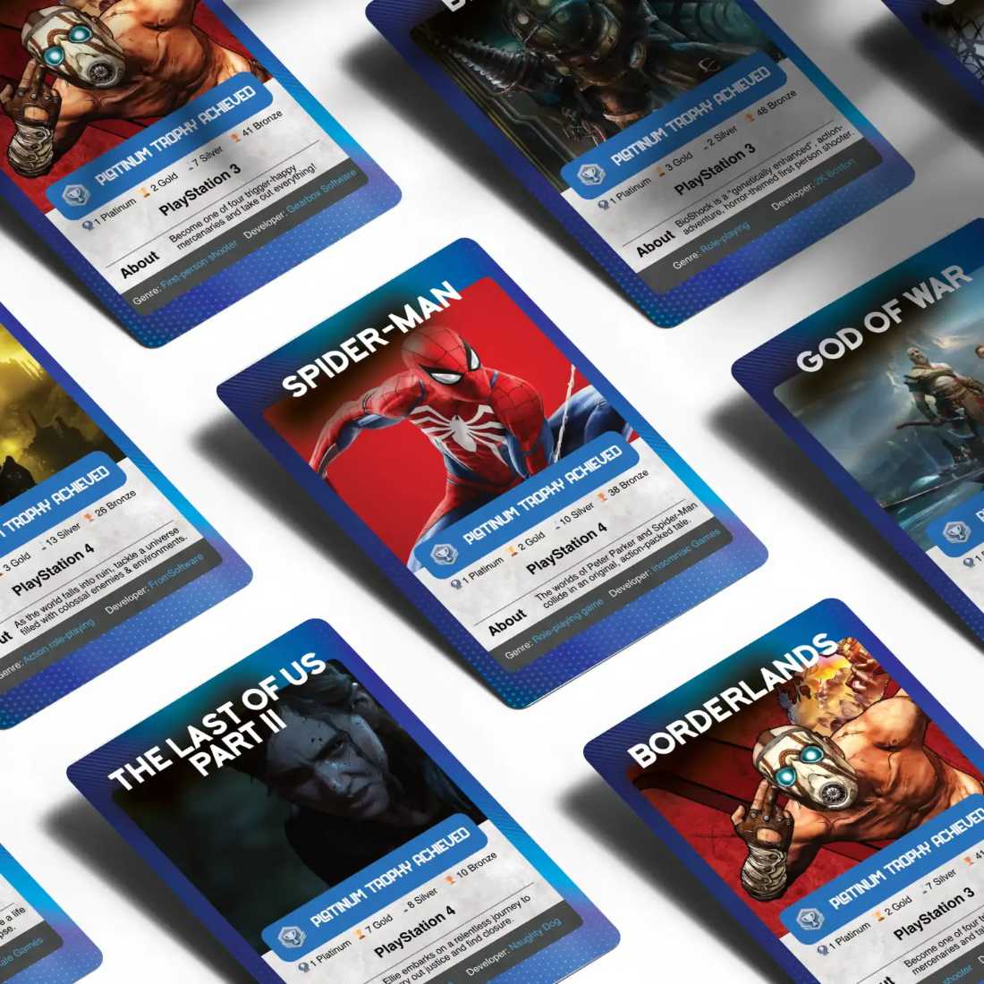 Playstation platinum trophy collectors Cards by cheevo. Celebrate game wins. Cards for games like Spider-man, Borderlands, The Last Of Us, God of War