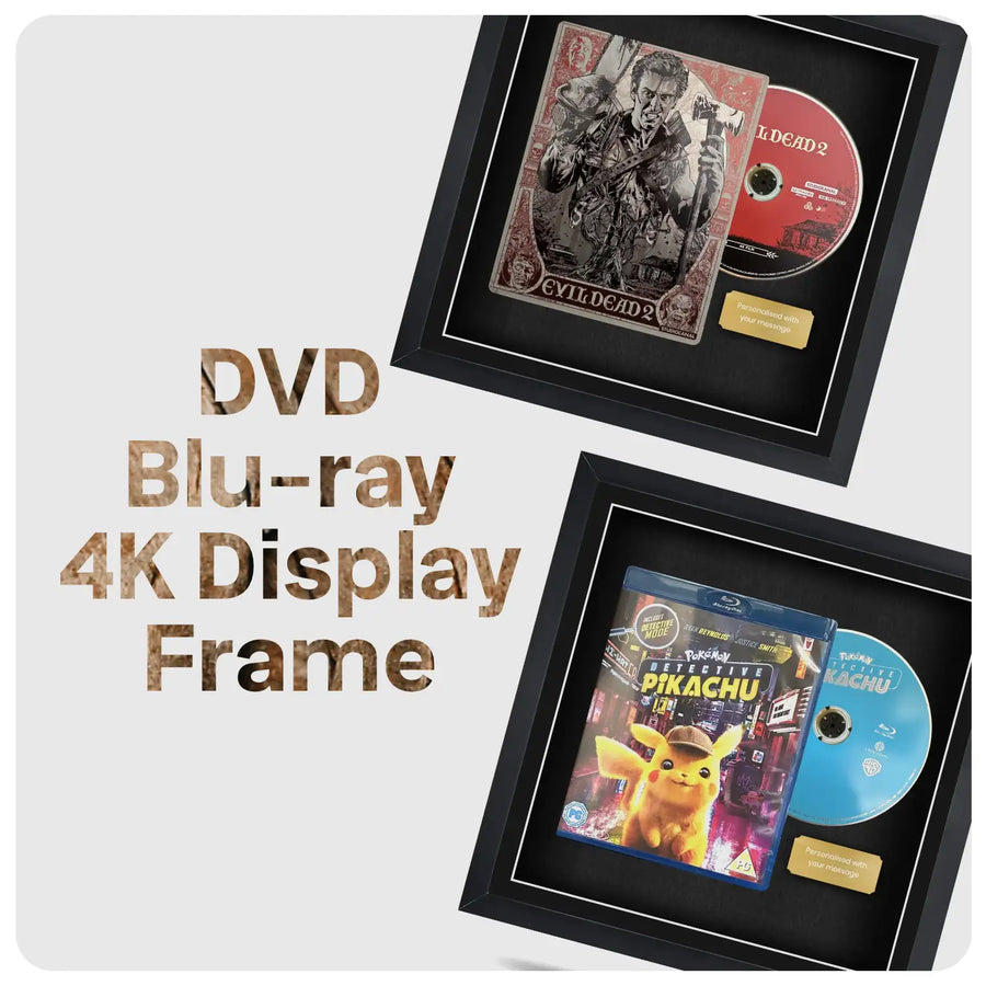 Two black DVD Blu-ray 4K display frames shown on a light gray background, one featuring a collectible disc and one featuring a Pikachu Blu-ray. Large text on the left reads 'DVD Blu-ray 4K Display Frame'.