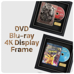Two black DVD Blu-ray 4K display frames shown on a light gray background, one featuring a collectible disc and one featuring a Pikachu Blu-ray. Large text on the left reads 'DVD Blu-ray 4K Display Frame'.