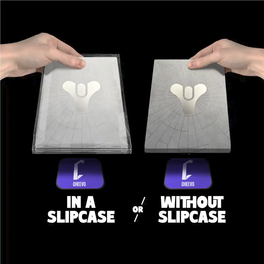 Two hands holding clear slipcases with a Cheveo logo, one labeled 'In a slipcase' and the other 'Without slipcase'.