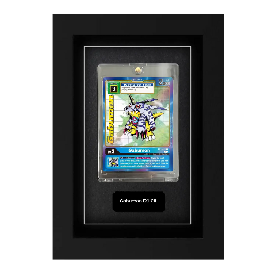 Display frame for Digimon trading cards. Display any collector or trading cards in this frame. With 99% UV protective glass to stop fading. Includes a black personalised metal plaque.