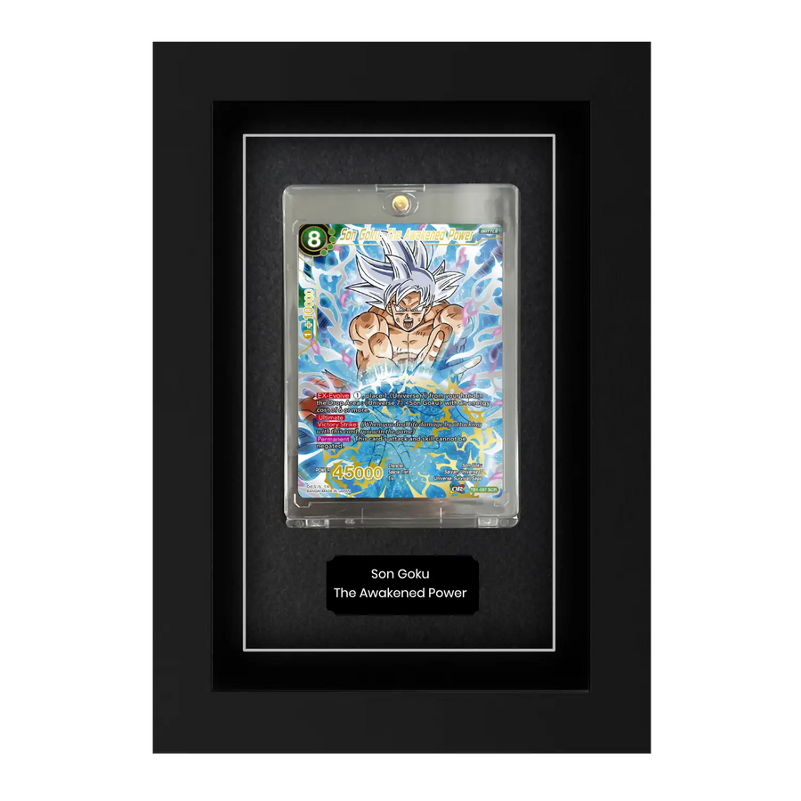 Dragon Ball Z trading card display frame. Protect and frame trading cards. Stop UV fading and add personalisation. Black plaque