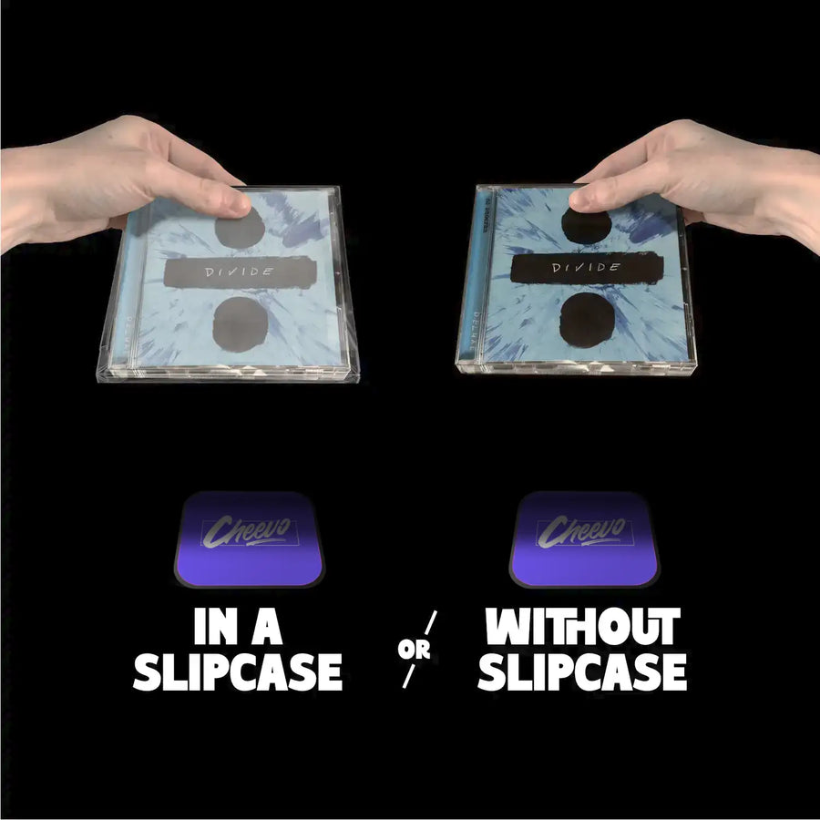 Two hands holding CD cases labeled 'In a slipcase' and 'Without slipcase' on a black background.