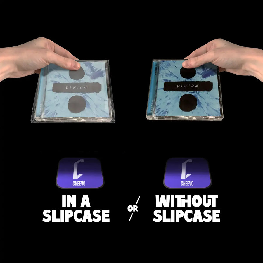 Two hands holding CD cases labeled 'In a slipcase' and 'Without slipcase' on a black background.
