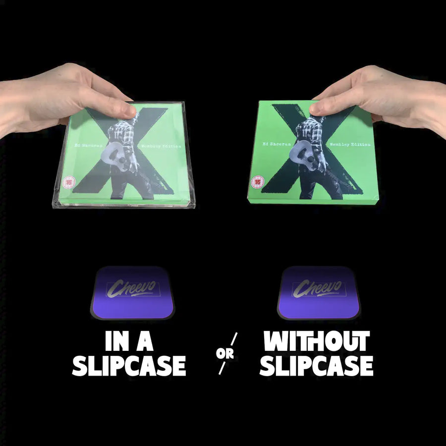 Two hands holding 'X' shaped items with text indicating slipcase options on a black background.