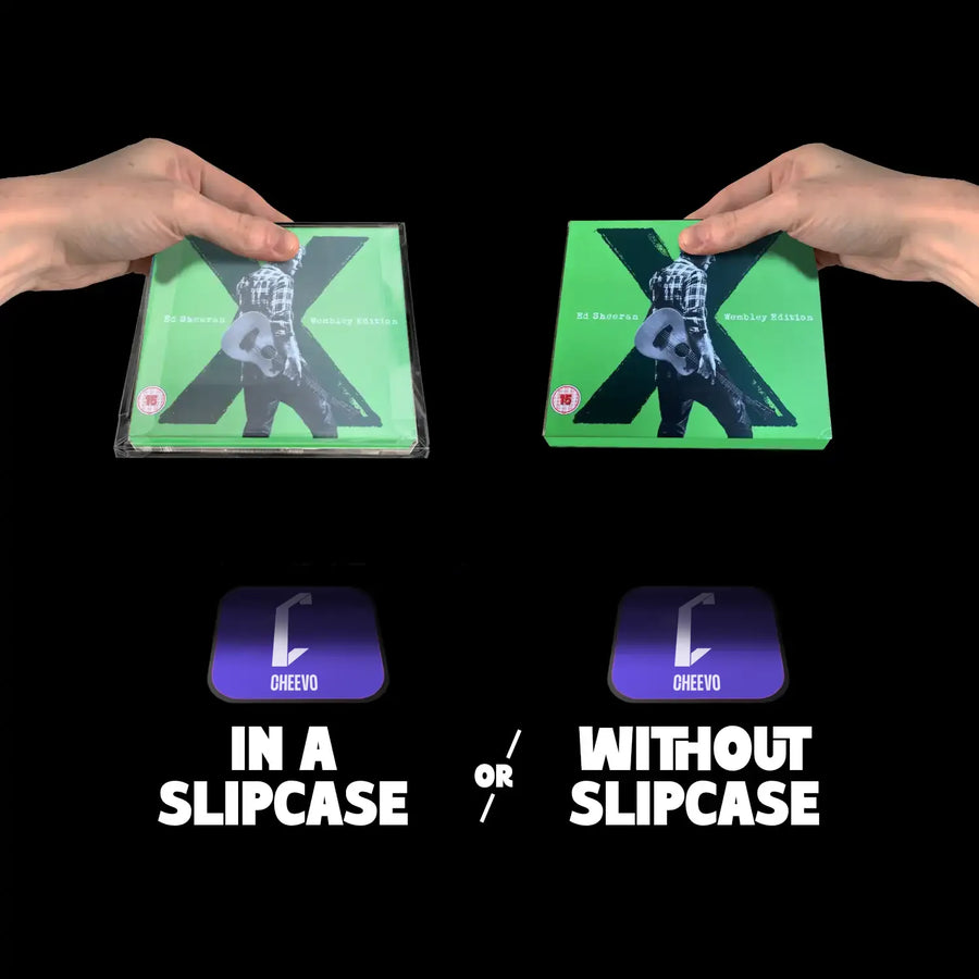 Two hands holding 'X' shaped items with text indicating slipcase options on a black background.