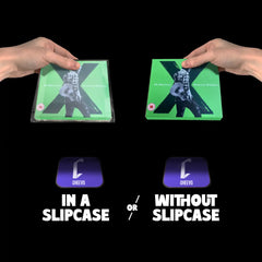 Two hands holding 'X' shaped items with text indicating slipcase options on a black background.