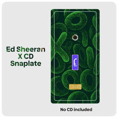 Ed Sheeran X CD Snaplate product graphic showing a snapplate cover with a green textured 'X' and ring pattern on a dark background, with text reading 'Ed Sheeran X CD Snapate' and 'No CD included'.