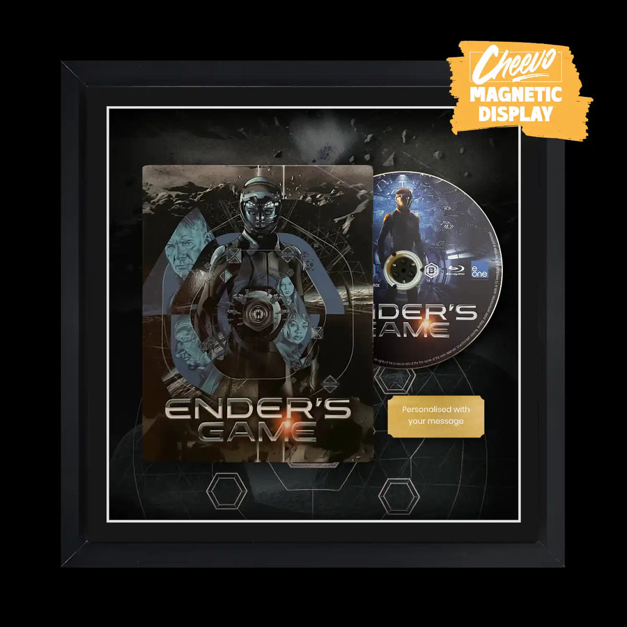 Ender's Game steelbook movie display frame, featuring the steelbook and disc side-by-side. The frame also includes a metal plaque in the bottom right corner.