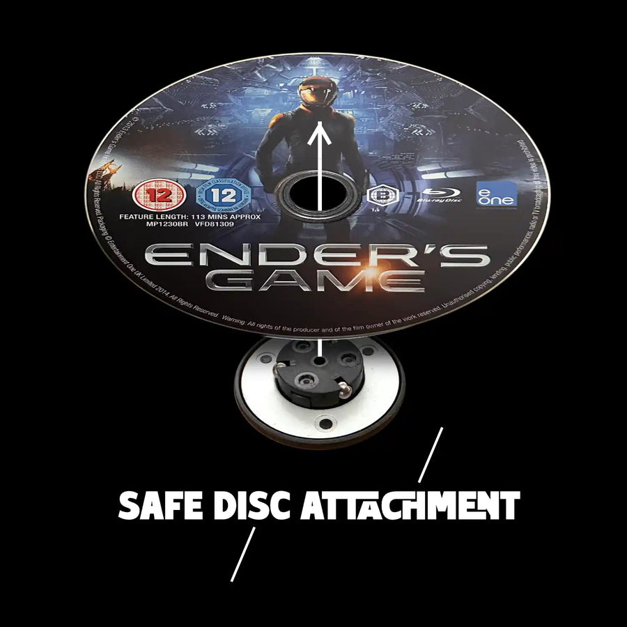 Ender's Game movie disc being attached to a holder for display