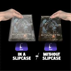 Ender's Game steelbook inside a plastic protective slipcase and then on it's own. Each is being added to a magnetic fixing by someone.