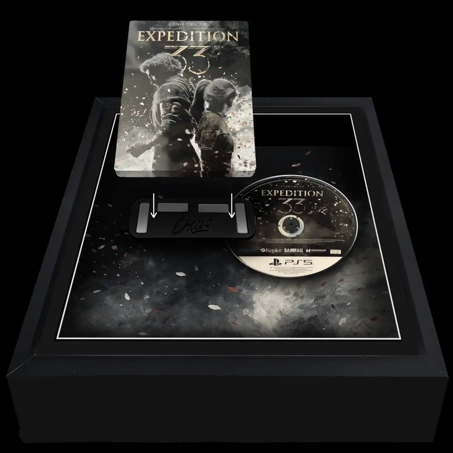 Expedition 33 Steelbook Display Frame with the video game case and disc side by side being added ready for presentation