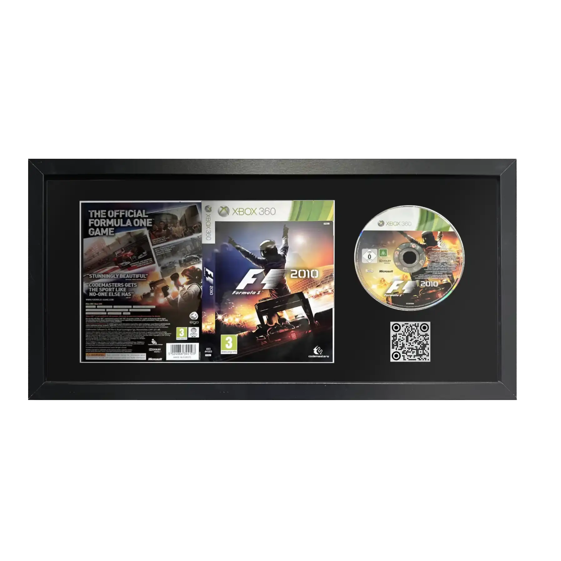 F1 2010 game on Xbox 360 in a frame with a QR code