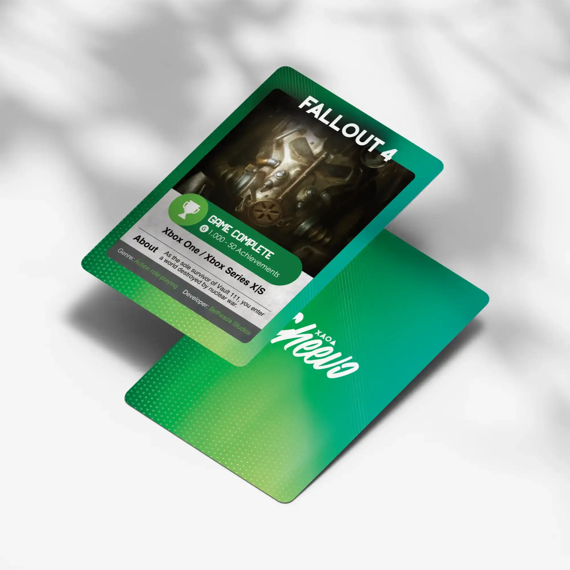 Fallout 4 Xbox collectors cards. Celebrate your success and achievements by playing this game and getting a physical card.