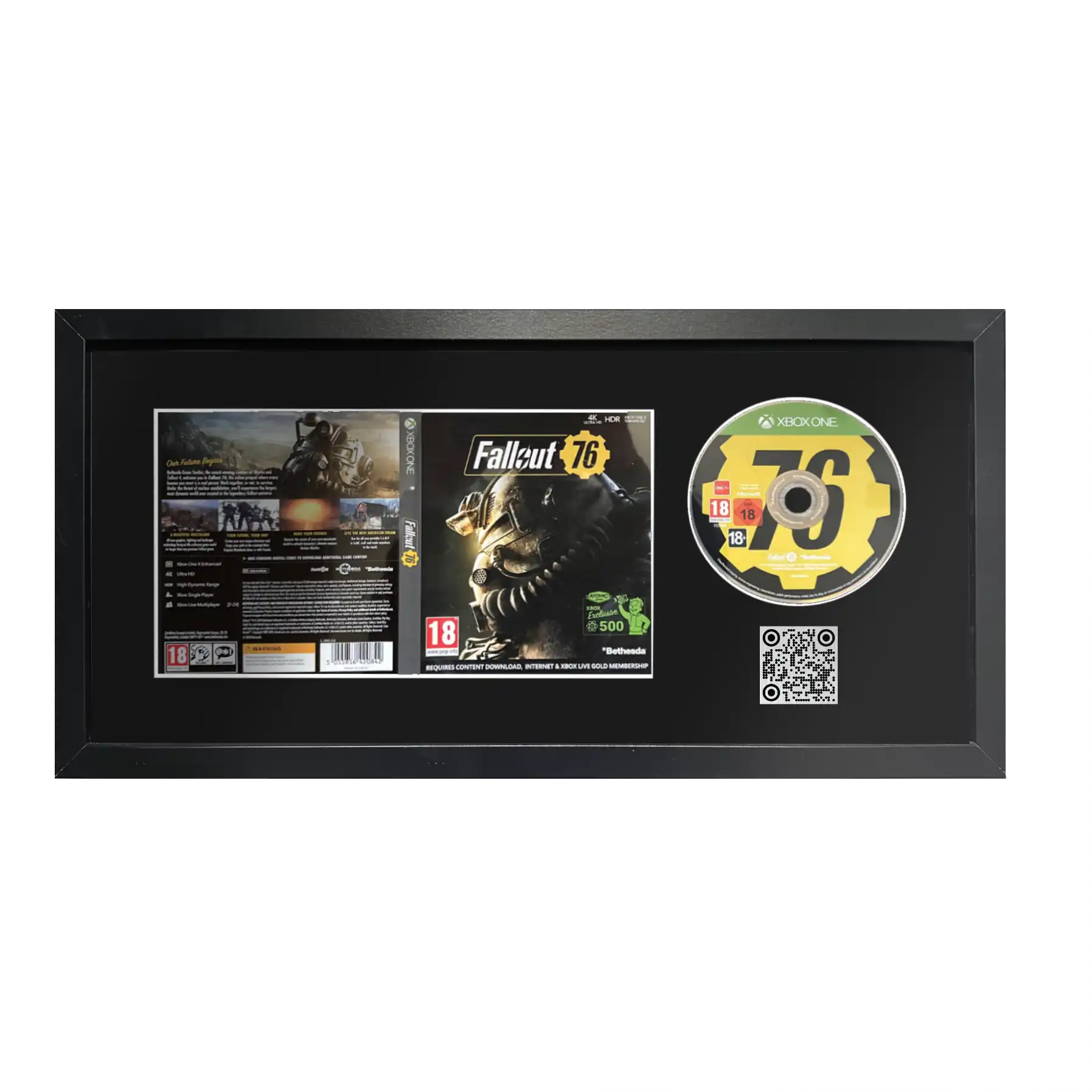 Fallout 76 game on Xbox One in a frame with a QR code